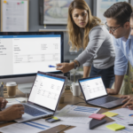 Scène de bureau réaliste montrant une équipe de PME comparant des logiciels de facturation autour d’une table, avec écrans et documents dans un environnement de travail authentique.