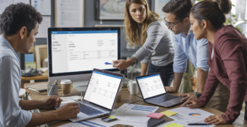 Scène de bureau réaliste montrant une équipe de PME comparant des logiciels de facturation autour d’une table, avec écrans et documents dans un environnement de travail authentique.