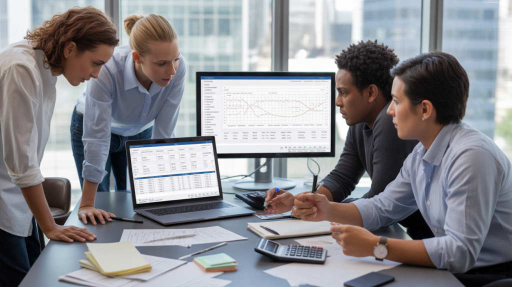 Scène de bureau réaliste montrant une équipe financière analysant plusieurs logiciels de comptabilité sur des écrans, avec documents et accessoires authentiques.