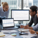 Scène de bureau réaliste montrant une équipe financière analysant plusieurs logiciels de comptabilité sur des écrans, avec documents et accessoires authentiques.