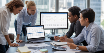 Scène de bureau réaliste montrant une équipe financière analysant plusieurs logiciels de comptabilité sur des écrans, avec documents et accessoires authentiques.
