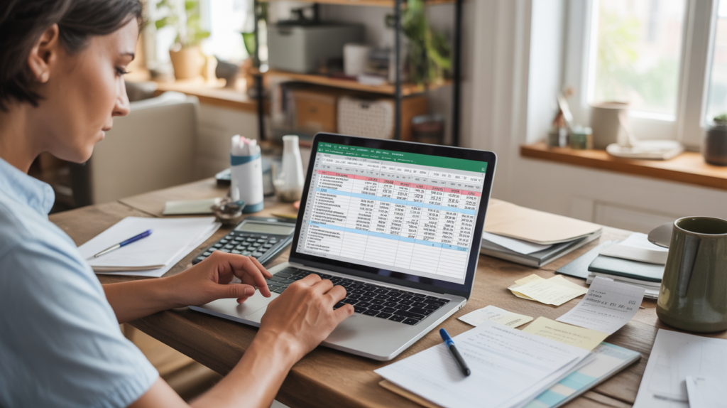 Freelance en train de gérer sa comptabilité sur Excel dans un bureau à domicile lumineux et réaliste.