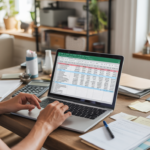 Freelance en train de gérer sa comptabilité sur Excel dans un bureau à domicile lumineux et réaliste.