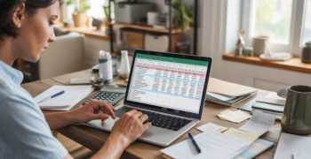 Freelance en train de gérer sa comptabilité sur Excel dans un bureau à domicile lumineux et réaliste.