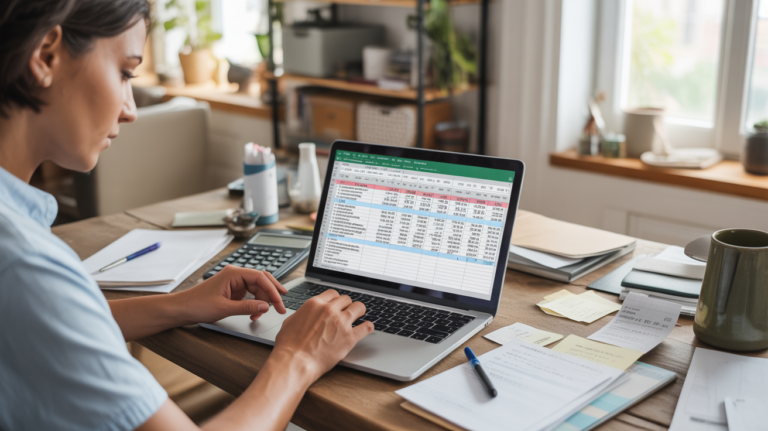 Freelance en train de gérer sa comptabilité sur Excel dans un bureau à domicile lumineux et réaliste.