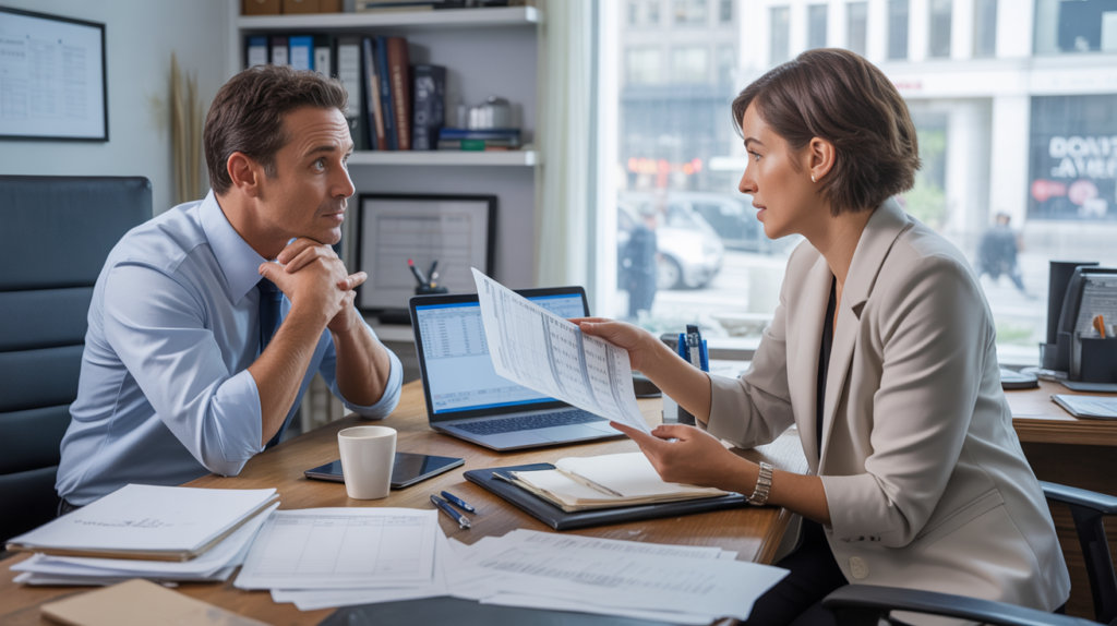 Scène réaliste montrant un entrepreneur consultant un expert-comptable dans un bureau lumineux et authentique, avec des documents financiers et une ambiance professionnelle naturelle.
