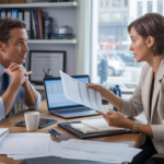Scène réaliste montrant un entrepreneur consultant un expert-comptable dans un bureau lumineux et authentique, avec des documents financiers et une ambiance professionnelle naturelle.