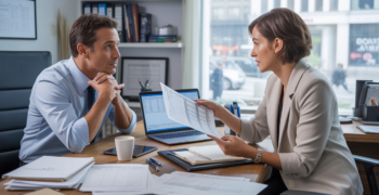 Scène réaliste montrant un entrepreneur consultant un expert-comptable dans un bureau lumineux et authentique, avec des documents financiers et une ambiance professionnelle naturelle.