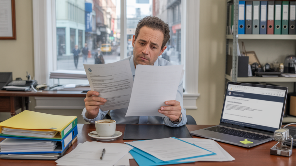 Chef d’entreprise examinant des documents administratifs dans un bureau lumineux et réaliste pour illustrer les démarches de modification ou fermeture d’entreprise.
