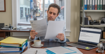 Chef d’entreprise examinant des documents administratifs dans un bureau lumineux et réaliste pour illustrer les démarches de modification ou fermeture d’entreprise.