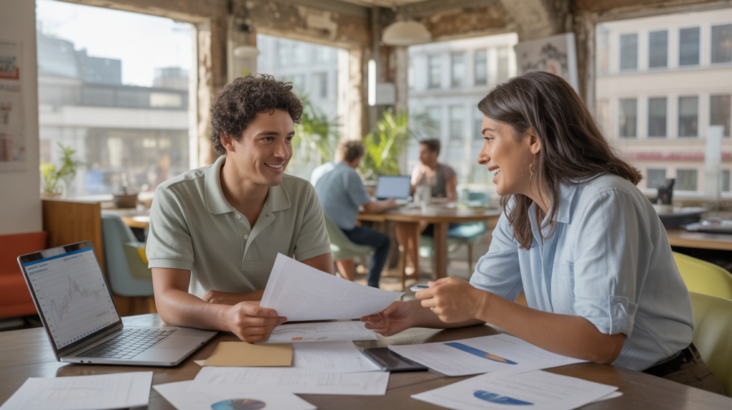 Jeune entrepreneur discutant avec un conseiller dans un espace de coworking moderne et réaliste, examinant des documents et un ordinateur portable, dans une scène lumineuse et naturelle.