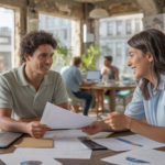 Jeune entrepreneur discutant avec un conseiller dans un espace de coworking moderne et réaliste, examinant des documents et un ordinateur portable, dans une scène lumineuse et naturelle.