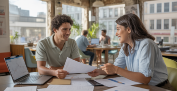 Jeune entrepreneur discutant avec un conseiller dans un espace de coworking moderne et réaliste, examinant des documents et un ordinateur portable, dans une scène lumineuse et naturelle.