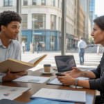 Scène réaliste d’un entrepreneur discutant avec un conseiller bancaire dans une agence moderne, avec des documents et une ville réelle en arrière-plan.