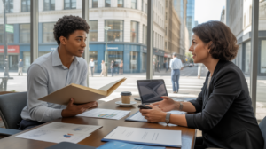 Scène réaliste d’un entrepreneur discutant avec un conseiller bancaire dans une agence moderne, avec des documents et une ville réelle en arrière-plan.
