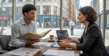 Scène réaliste d’un entrepreneur discutant avec un conseiller bancaire dans une agence moderne, avec des documents et une ville réelle en arrière-plan.