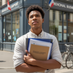 Jeune entrepreneur devant un bâtiment administratif régional en France, scène réaliste et vivante symbolisant le soutien régional à la création d’entreprise.