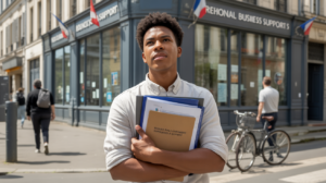 Jeune entrepreneur devant un bâtiment administratif régional en France, scène réaliste et vivante symbolisant le soutien régional à la création d’entreprise.
