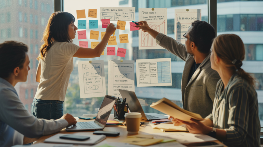 Scène réaliste d’un espace de coworking où des entrepreneurs discutent de plans financiers et de stratégies de financement pour créer leur entreprise.