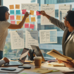 Scène réaliste d’un espace de coworking où des entrepreneurs discutent de plans financiers et de stratégies de financement pour créer leur entreprise.