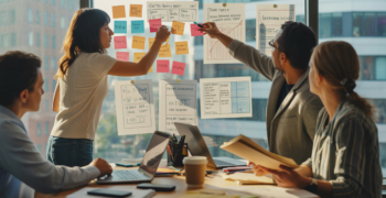 Scène réaliste d’un espace de coworking où des entrepreneurs discutent de plans financiers et de stratégies de financement pour créer leur entreprise.