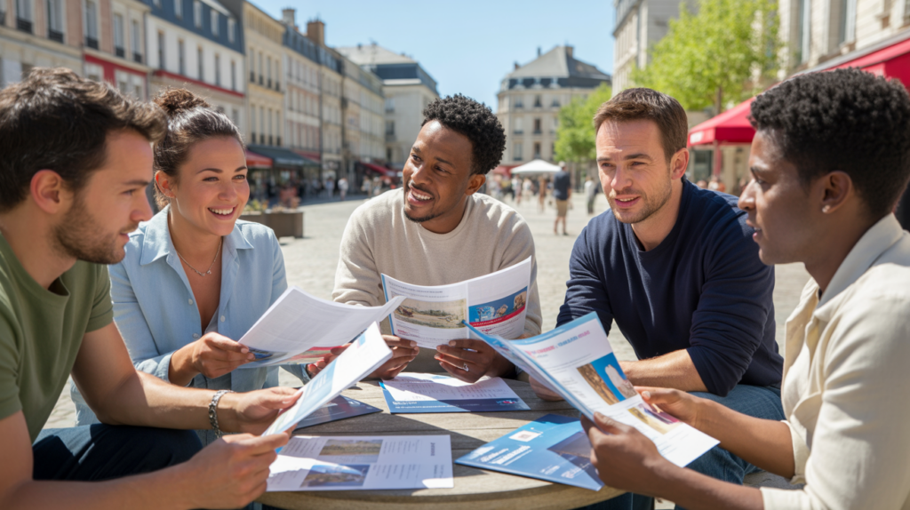 Scène réaliste d'entrepreneurs français discutant autour d'une table en extérieur, avec des bâtiments régionaux authentiques en arrière-plan.