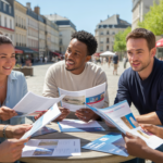 Scène réaliste d'entrepreneurs français discutant autour d'une table en extérieur, avec des bâtiments régionaux authentiques en arrière-plan.