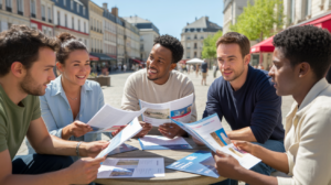 Scène réaliste d'entrepreneurs français discutant autour d'une table en extérieur, avec des bâtiments régionaux authentiques en arrière-plan.