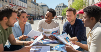 Scène réaliste d'entrepreneurs français discutant autour d'une table en extérieur, avec des bâtiments régionaux authentiques en arrière-plan.