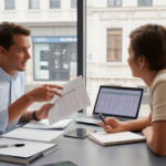 Scene réaliste d’un expert-comptable et d’un entrepreneur collaborant dans un bureau lumineux avec documents et ambiance professionnelle authentique.