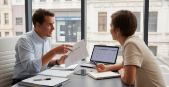Scene réaliste d’un expert-comptable et d’un entrepreneur collaborant dans un bureau lumineux avec documents et ambiance professionnelle authentique.
