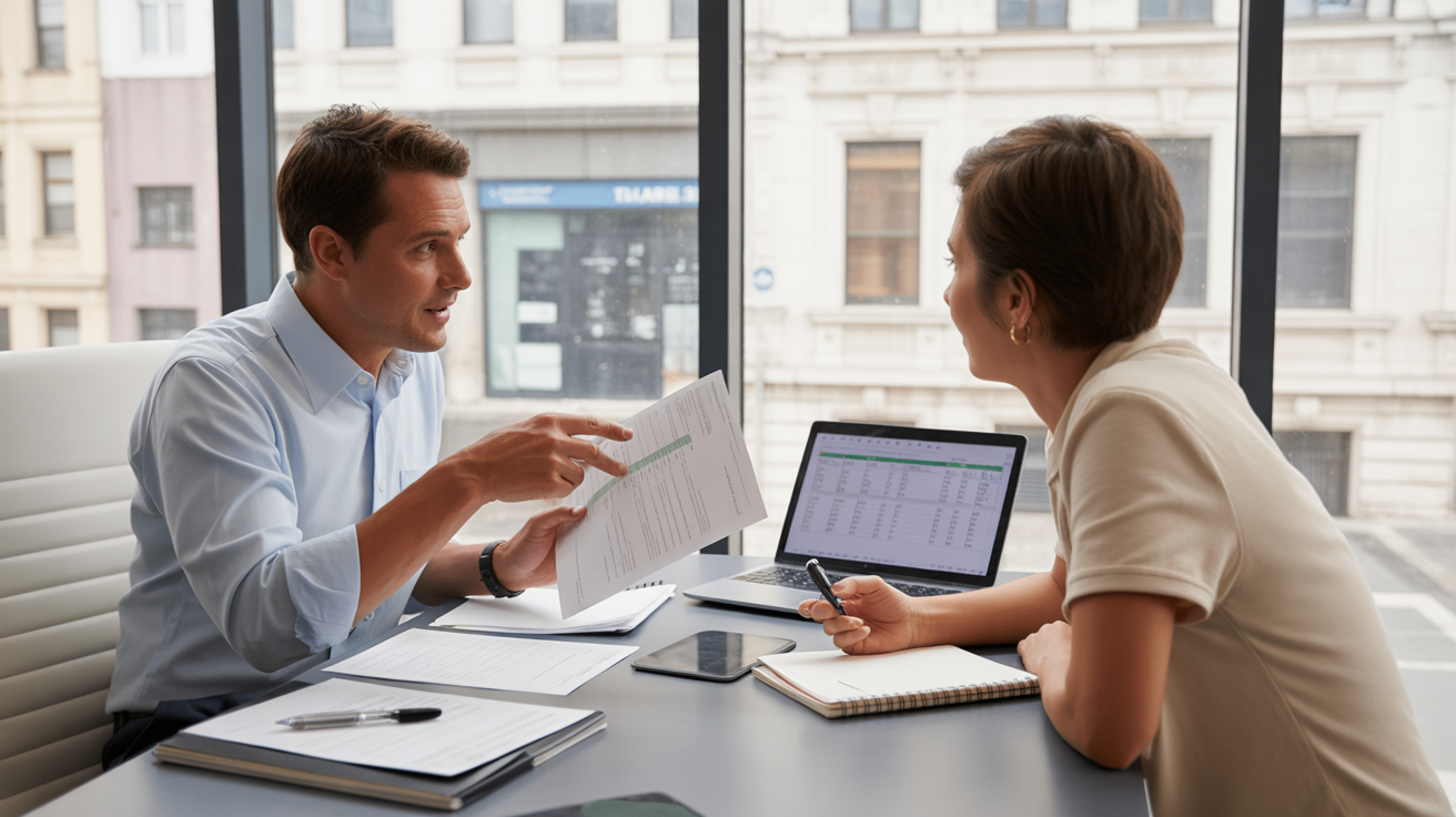 Scene réaliste d’un expert-comptable et d’un entrepreneur collaborant dans un bureau lumineux avec documents et ambiance professionnelle authentique.