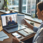 Scène réaliste d’un bureau moderne avec un comptable en visioconférence et des outils de comptabilité en ligne sur un ordinateur portable.