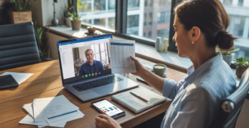 Scène réaliste d’un bureau moderne avec un comptable en visioconférence et des outils de comptabilité en ligne sur un ordinateur portable.