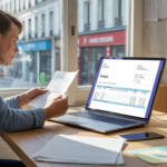 Scène réaliste d’un bureau d’entrepreneur en 2026 analysant une facture électronique sur un ordinateur, avec lumière naturelle et détails authentiques.