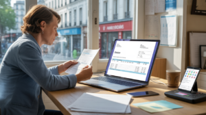 Scène réaliste d’un bureau d’entrepreneur en 2026 analysant une facture électronique sur un ordinateur, avec lumière naturelle et détails authentiques.