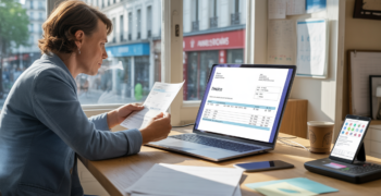 Scène réaliste d’un bureau d’entrepreneur en 2026 analysant une facture électronique sur un ordinateur, avec lumière naturelle et détails authentiques.