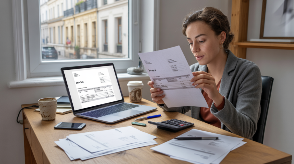 Scène réaliste d’un auto-entrepreneur dans son bureau à domicile en train d’organiser et vérifier ses factures sur un bureau en bois avec ordinateur et documents imprimés.