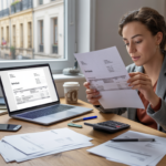 Scène réaliste d’un auto-entrepreneur dans son bureau à domicile en train d’organiser et vérifier ses factures sur un bureau en bois avec ordinateur et documents imprimés.