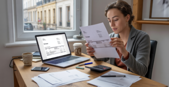 Scène réaliste d’un auto-entrepreneur dans son bureau à domicile en train d’organiser et vérifier ses factures sur un bureau en bois avec ordinateur et documents imprimés.