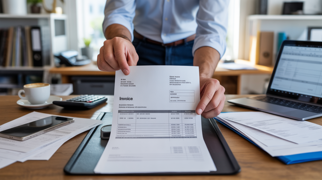 Scène réaliste dans un bureau moderne où un professionnel examine une facture détaillée entourée d’outils de travail authentiques.