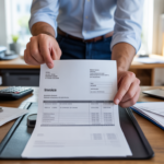 Scène réaliste dans un bureau moderne où un professionnel examine une facture détaillée entourée d’outils de travail authentiques.