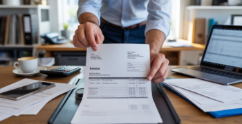 Scène réaliste dans un bureau moderne où un professionnel examine une facture détaillée entourée d’outils de travail authentiques.