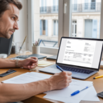 Scène réaliste d’un micro-entrepreneur travaillant sur une facture dans un bureau lumineux avec vue urbaine authentique.