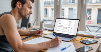 Scène réaliste d’un micro-entrepreneur travaillant sur une facture dans un bureau lumineux avec vue urbaine authentique.