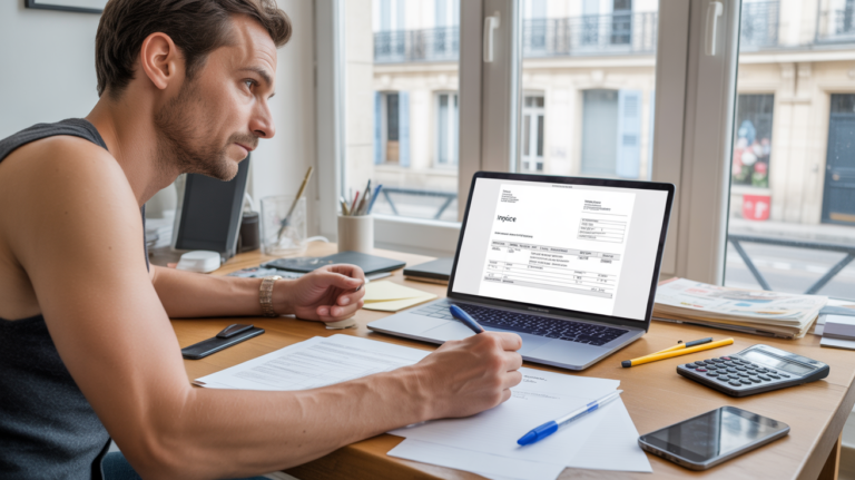 Scène réaliste d’un micro-entrepreneur travaillant sur une facture dans un bureau lumineux avec vue urbaine authentique.