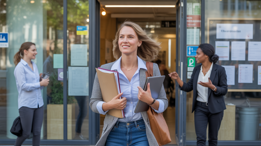 Femme entrepreneure sortant d’un incubateur d’entreprises moderne, en pleine scène urbaine réaliste avec d’autres professionnels et des détails naturels.