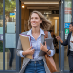 Femme entrepreneure sortant d’un incubateur d’entreprises moderne, en pleine scène urbaine réaliste avec d’autres professionnels et des détails naturels.