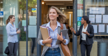 Femme entrepreneure sortant d’un incubateur d’entreprises moderne, en pleine scène urbaine réaliste avec d’autres professionnels et des détails naturels.
