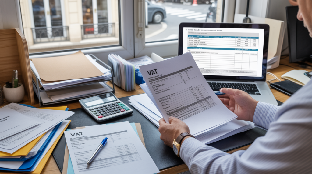 Scène réaliste d’un bureau comptable français où un professionnel examine des documents liés à la TVA avec un ordinateur affichant des formulaires fiscaux.